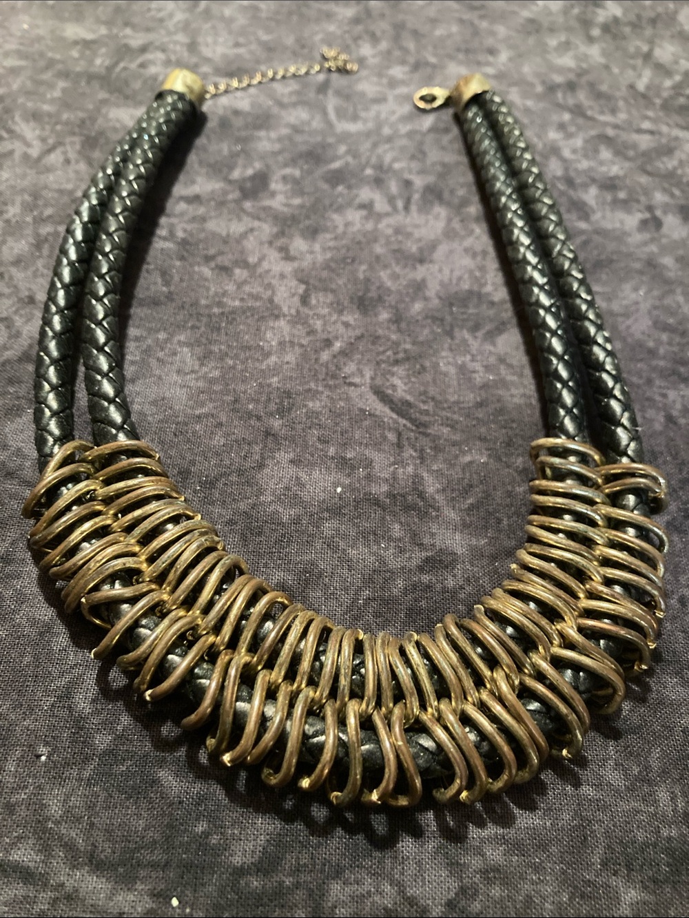 Black Braided Necklace with Antique Inspired Coil Accents